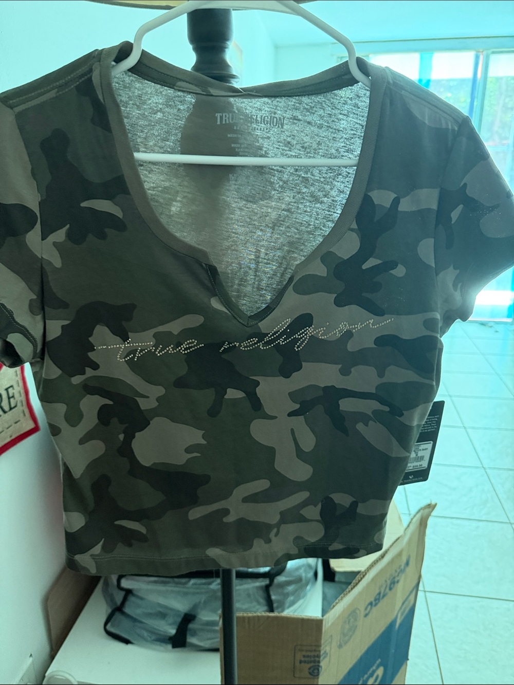 True Religion Olive Camo Rhinestone V-Neck Crop Top